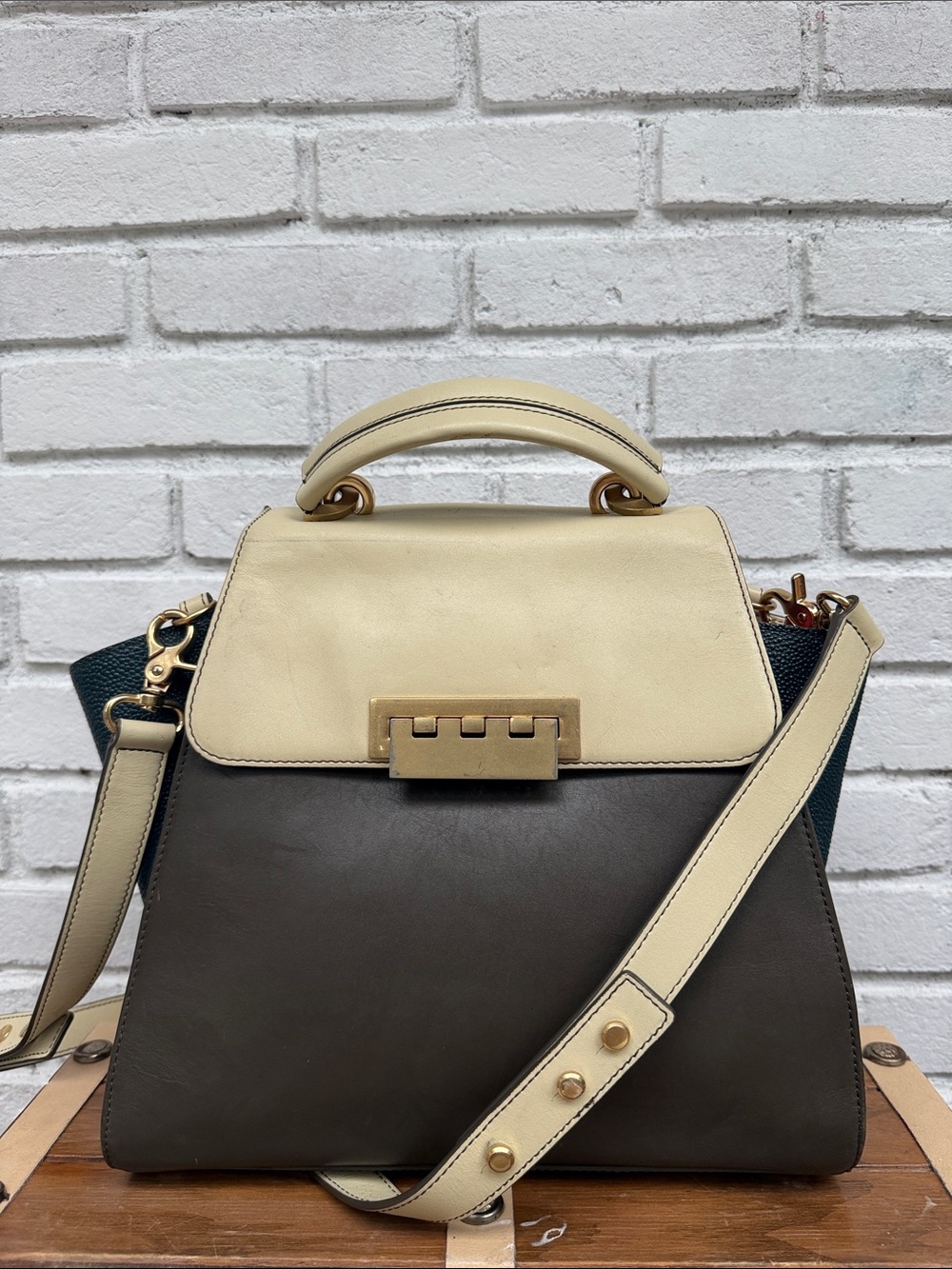 Zac Zac Posen Two-Tone Cream, Navy and Dark Brown Leather Top-Handle Satchel